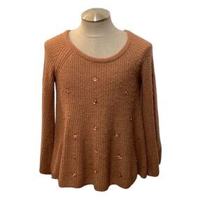 Lauren Conrad Women’s Sequin Flower Bell Sleeve Rust Orange Knit Sweater Size M